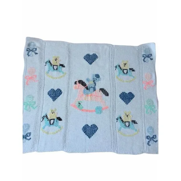 Vintage Baby Blanket Hand Knit Handmade Rocking Horse Hearts Heirloom Nursery 33 - Picture 2 of 5